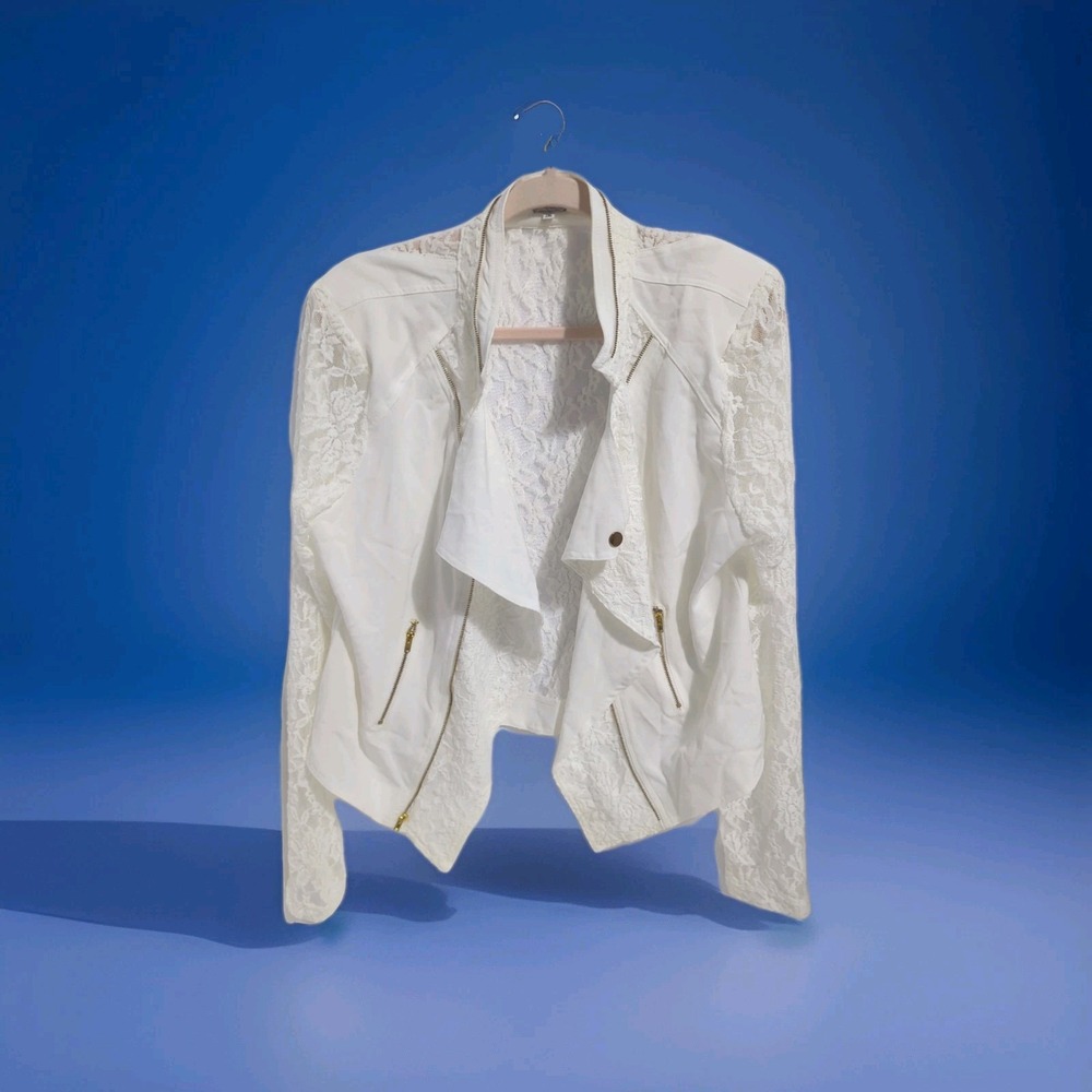 Vtg White Lace Moto Jacket 2XL Boho Chic Whimsigoth Sheer Romantic Layering